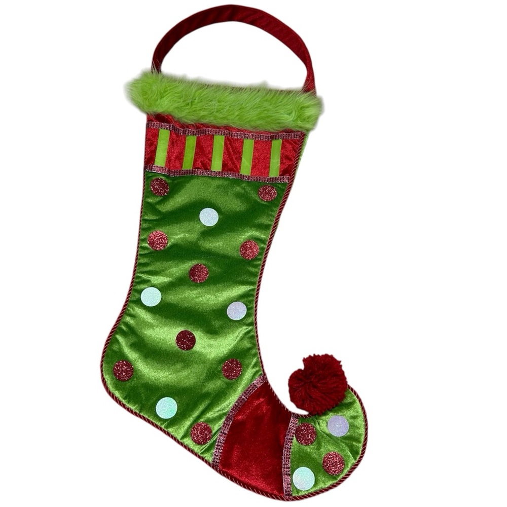 Large Elf Toe Christmas Stocking Green Red Lined Embellishment 22”